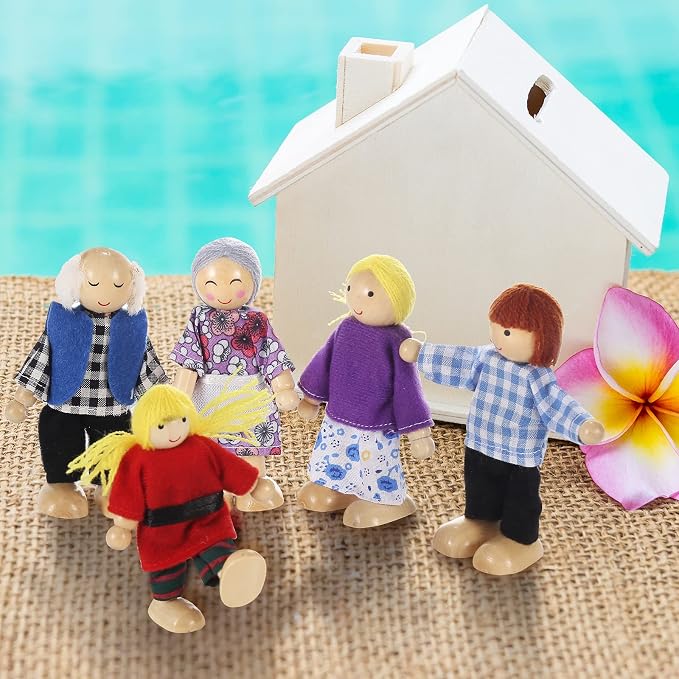 Jzszera Wooden Doll House Family of 8 Little Figures, Cute Dollhouse People for Girls Toddlers