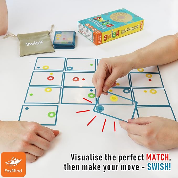 FoxMind Games: Swish Card Game, Spatial Reasoning Board Game for Ages 7 and up, Rotate, Stack & Match Transparent Cards to Win. Waterproof Cards & Travel Bag - Perfect Family Travel Game