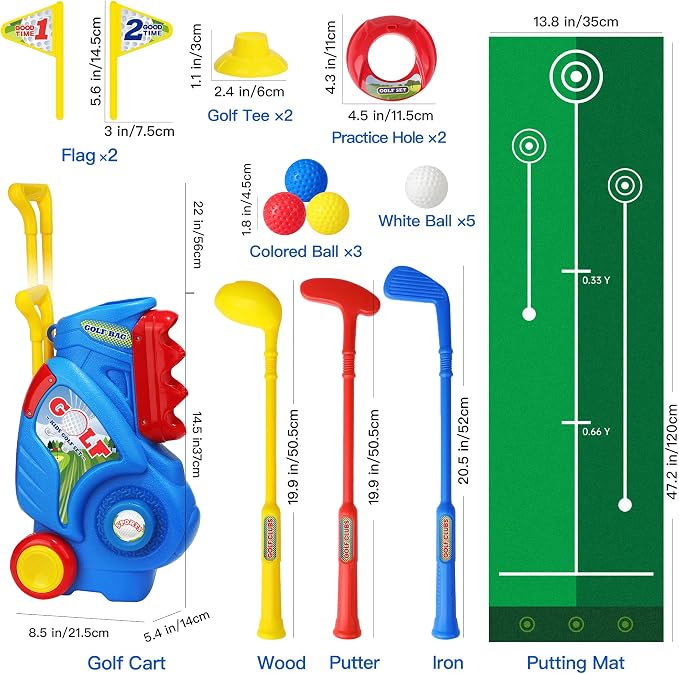 Toddler Golf Set for Boys Girls 2 3 4 Years Old, Kids Golf Clubs Set with Cart & Putting Mat, Outdoor Indoor Sports Toys Birthday Gift, Blue
