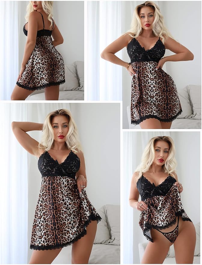 Avidlove Women Nightgown Sexy Sleepwear Lace Chemise V-neck Modal Babydoll Lounge Dress