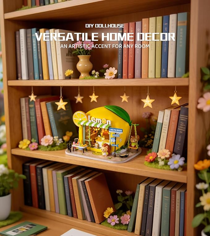 Roroom DIY Miniature House Kit, Hedgehog Drink Shop Book Nook Kit with LED Light,3D Wooden Puzzle Miniature Dollhouse Kit for Bookshelf Decor-Creative Crafts for Family and Friends