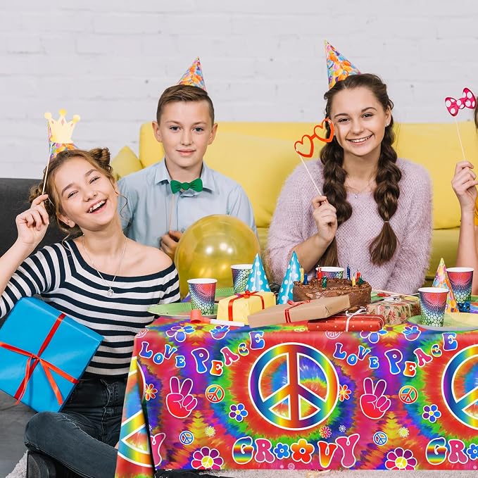 Tie Dye Birthday Party Supplies, 60's Hippie Theme Tablecloth 3Pcs Groovy Hippie Table Cover Peace Love tie dye Table Cloths for Parties