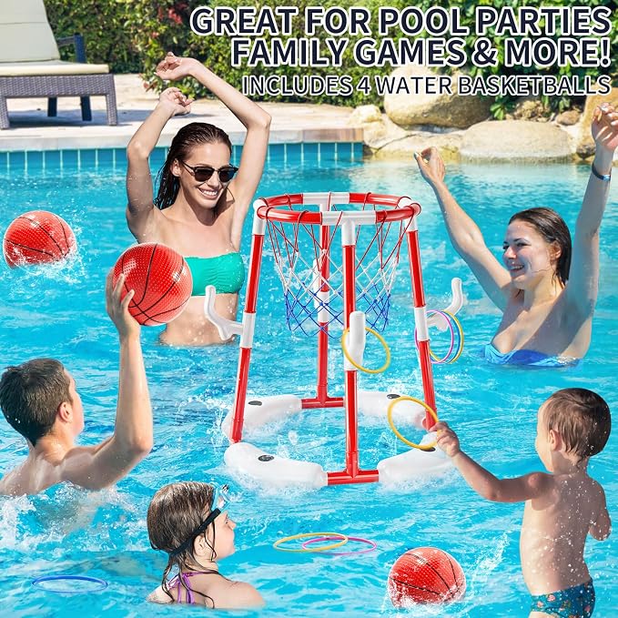 NIPLOOOW Pool Basketball Hoop, 2-in-1 Floating Pool Toys Ring Game with 4 Balls and Pump, Outdoor Swimming Pool Basketball Games Water Play Toy Family Party for Kids Adults Age 3-12 (Red)