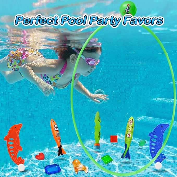 Jasonwell Pool Toys Diving Rings - 28PCS Swim Thru Rings Pool Game Diving Toys with Dive Ring Underwater Treasures Torpedo Bandits Fish Toy Fun Water Swimming Toys for Boys Girls Kids (Muticolor)