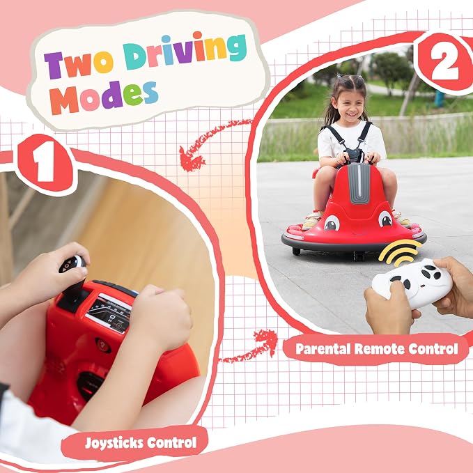 TOBBI Kids Electric Ride On Snail Shape Toy, 12V Battery Powered Toddler Bumper Car with Parent Remote Control/Funny Stickers/360 Degree Spin for Children of Aged 1-6-Red