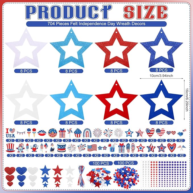 704 Pcs 4th of July Wreath Craft Kit Patriotic DIY Craft Kit Red White Blue Wreath Hanging Ornament with Star Hat Felt Sticker for Memorial Independence 250th Anniversary Party Activities Decor