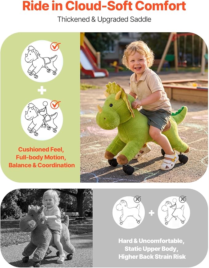 VEVOR Ride On Horse, Riding Dinosaur Toys for Kids, Features Lifelike Dinosaur Roars, No Battery Required, 360-Degree Flexible Smooth Wheels, Soft Seat, 88 lbs Max Load Capacity for Toddlers Ages 3+