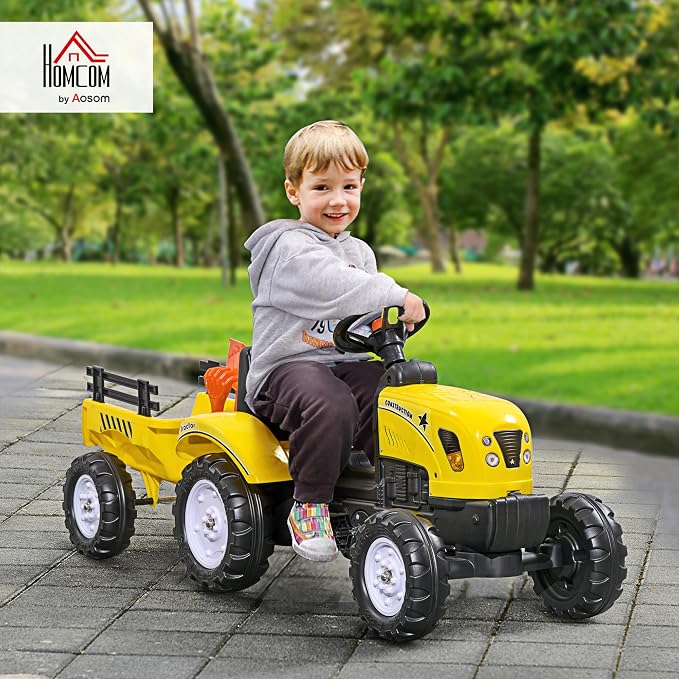 Aosom Kids Ride on Farm Tractor, Manual Pedal Ride on Car with Back Storage Trailer, Shovel & Rake, Horn for Age 3 Years Old, Yellow