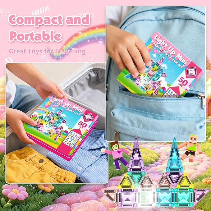 Mini Magnetic Tiles with 2 Little Action People, Light Up Travel Tiles with Magnetic Action Figures for Princess Castle, Micro Magnet Portable Toys for Kids, STEM Building Set Girl Boy Birthday Gift