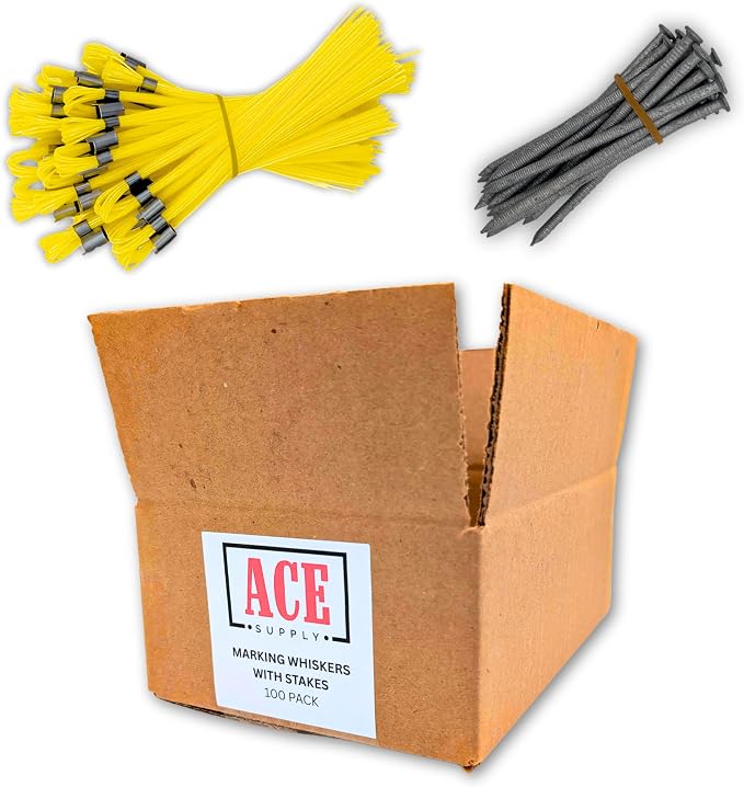 Yellow Marking Whiskers With Stakes - 100 Pack - Durable Marking Whisker Set - Use Survey Whiskers As Ground Markers, Construction Markers, Or Trail Markers