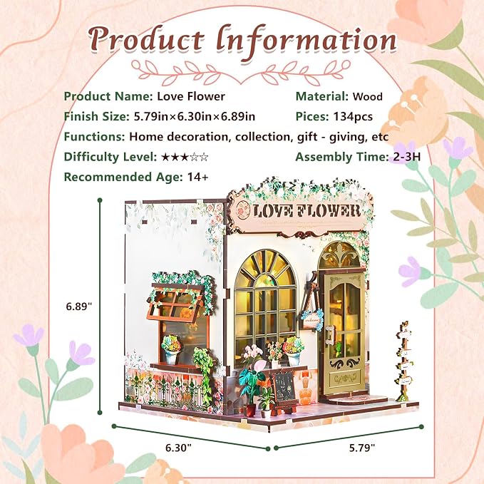 DIY Miniature House Kit, Flower Shop Book Nook Kit, Mini House Building Kit, Miniature Dollhouse Kit for Adults and Teens, 3D Wooden Puzzles with LED Light, Bookshelf Craft Kit for Family and Friends