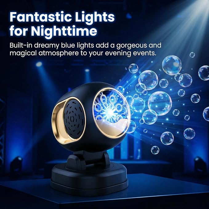 KYWYOYOU Rotating Bubble Machine with Lights, Rechargeable Automatic Maker | Adjustable angle blower for kids, parties, outdoor weddings, and birthdays. Includes 10 concentrated liquid solution refills.