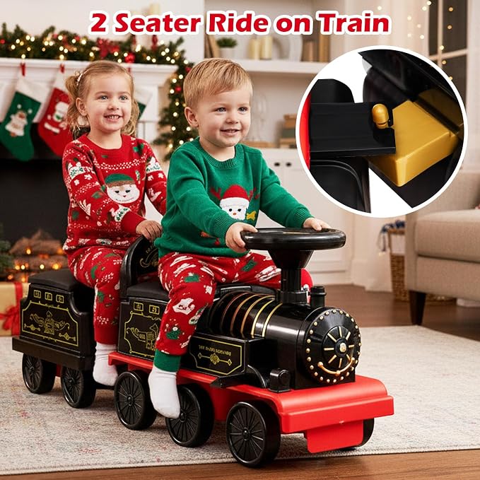 OLAKIDS 6V 2-Seater Ride on Train with Carriage, Storage, Train Whistle, Music, Lights for 18 Months+ (2 Seaters, Retro)