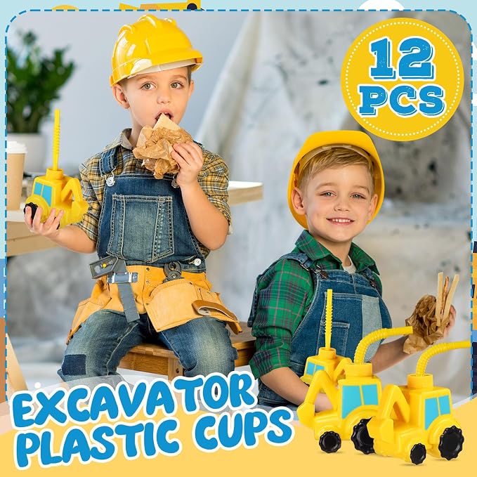 Tanlade 12 Set Excavator Truck Cups with Straws, Tractor Birthday Party Decorations 10 oz Plastic Excavator Shape Cup Reusable Cups Construction Themed Party Favor for Kids Construction Car