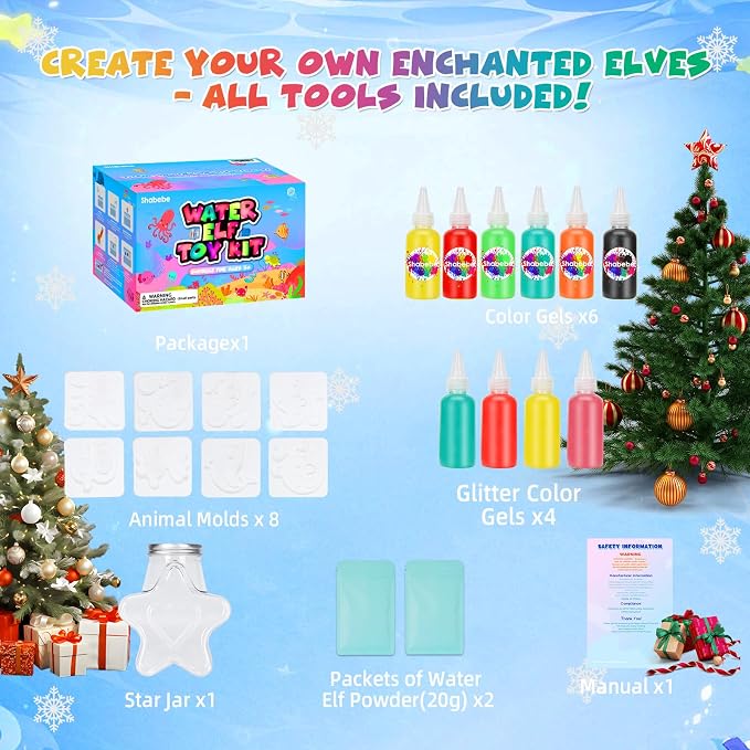 Shabebe Magic Water Elf Toy Kit– 10 Magic Gels & 8 Sea Creature Molds, DIY Aqua Fairy Water Gel Crafts Toy, Make Water Pets & Squishy Figures, Fun Birthday Gift for Kids Ages 3+