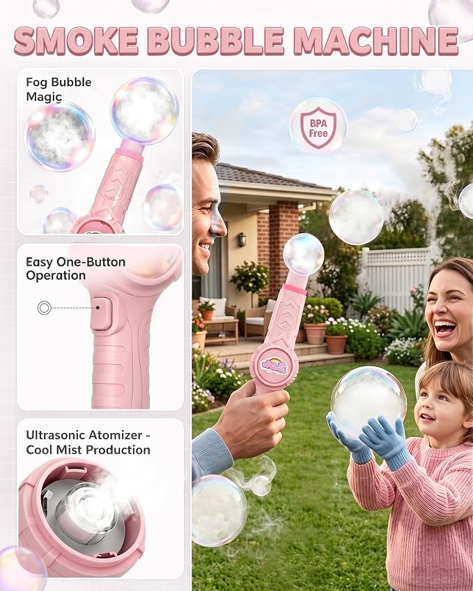 Fog Bubble Machine, Smoke Bubble Wand Machine Rechargeable with Lights & Sound Fog Game for Parties, Beaches, Summe (Pink)