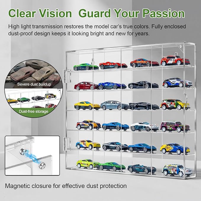 JUESHA 2 Pack Acrylic Display Case for Hot Wheels Storage 1/64 Scale, 6 Levels 24 Slots Toy Cars Showcase Wall Mount or Desktop, Clear Display Organizer for Diecast Matchbox Model Car Tabletop