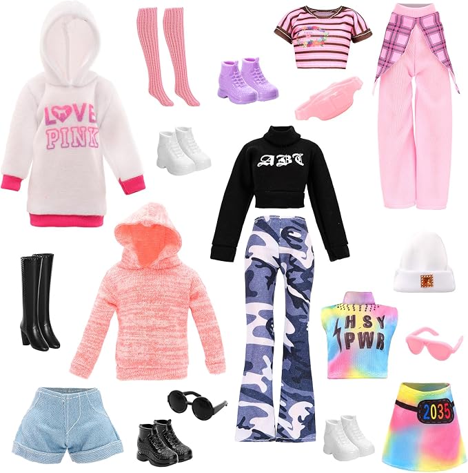15 Pcs Doll Clothes and Accessories for 11.5 Inch Dolls Includes 5 Stylish Doll Outfit, Sport Sweet Set, Dress, Hoodie Fashion Casual Clothing Glasses Stockings Waist Bag Hat High Heels and Flat Shoes