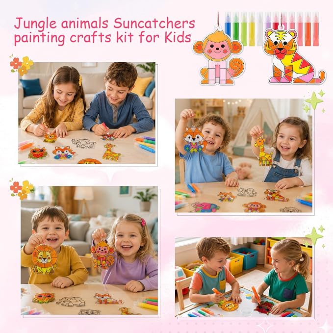 Blueweenly 36 Pcs Jungle Animal Suncatcher Kits 24 Pcs Jungle Animals Suncatchers Painting Crafts 12 Colored Paints Suncatcher Decoration Window Paint Art Sun Catchers Gift Art Project