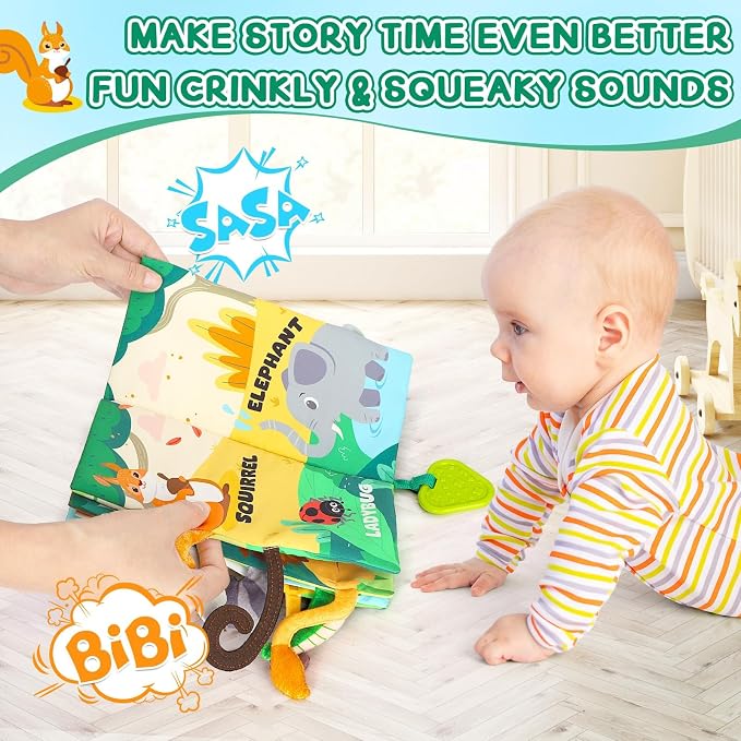 BBWOO Soft Baby Book Toy - Newborn Boy Girl Shower Gift - Tummy Time Toy for Infant 0-6 6-12 Months - Touch and Feel Sensory Crinkle Book with Teether - Baby Boy Girl Gift