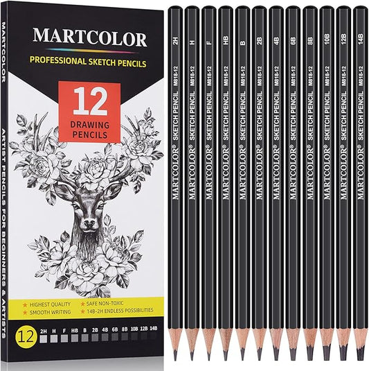 MARTCOLOR Drawing Sketching Pencils Set, 12 Pack Graphite Pencils(14B - 2H), Ideal for Drawing Art, Sketching, Shading, Artist Pencils for Beginners & Pro Artists