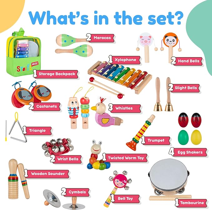 Stoie's Musical Toys for Toddlers, Wooden Percussion Instruments Toy for Kids Baby Preschool Educational Musical Toys Set for Boys and Girls with Storage Bag