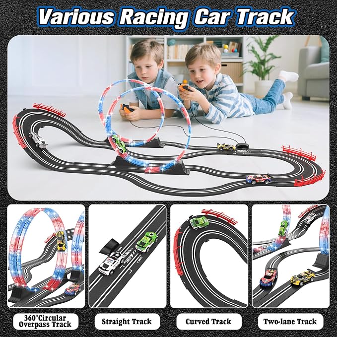 2-in-1 Slot Car Race Track Sets with 4 High-Speed Cars, Electric Track, Dual Racing Game with 2 Controllers, Circular Overpass Design Featuring Flash Tracks. Toy Gift for Boys Kids Ages 4-6 6-8 8-12