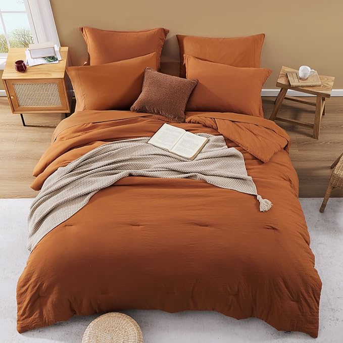 WRENSONGE Super King Comforter Set- 7 Pieces Soft Burnt Orange Bed in a Bag with Fitted Sheet, Flat Sheet, 2 Shams, and 2 Pillowcases-Warm Bed Sets Fall Comforter for All Seasons