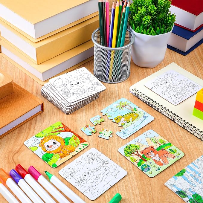 Realspring 24 Pack Wild Animal Color Your Own Jigsaw Puzzles for Kids 3-5, 4-6, 6-8, Coloring Crafts DIY Paper Puzzles Party Favors Gifts for Toddler Children Learning Education Toys