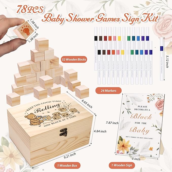 78 PCS Shower Games Sign Kit for Boys Girls, Wooden Box and Sign, Blank Wooden Blocks for DIY Drawing, Markers, Shower Game for Gender Reveal Activity, Shower Ideas Decorations, Bear B