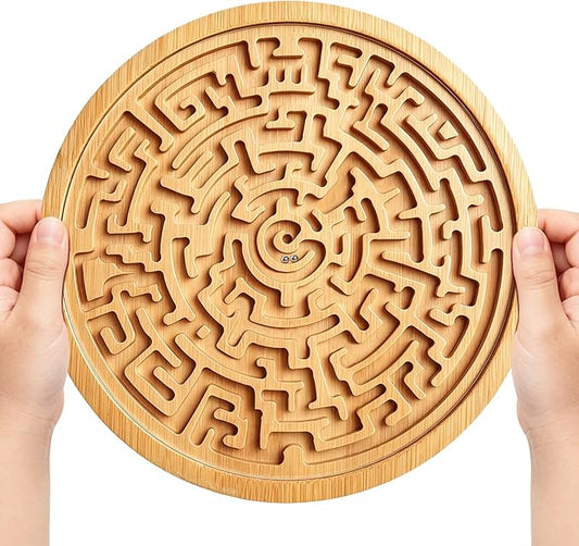 Round Wooden Labyrinth Board Game, Bamboo Handheld Maze with Acrylic Cover & 2 Metal Game Pieces, Educational Brain Teaser Puzzle Logic Game for Kids, Adults, Boys and Girls, Stress Relief Toy