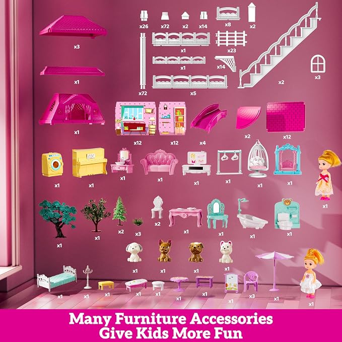 JUKUDAHU Villa Playset for Girls Ages 3-7, 4-Story 12 Room House with 2 Dolls, Furniture and Accessories, Indoor Playset Girls Toys for Ages 6-8, Pretend Toddler Toy, Birthday Gifts for Kids 4-8