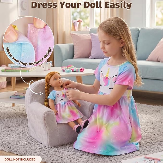 Play Tailor Doll and Girl Matching Nightgown Unicorn Outfit Pajamas Night Dress for Girls and 18" Dolls Clothes
