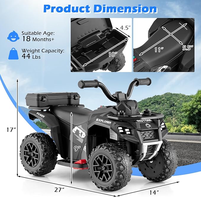 OLAKIDS Kids ATV with Spray Function, Remote Control, Storage Trunk, 6V Toddler Ride on Toy, Black