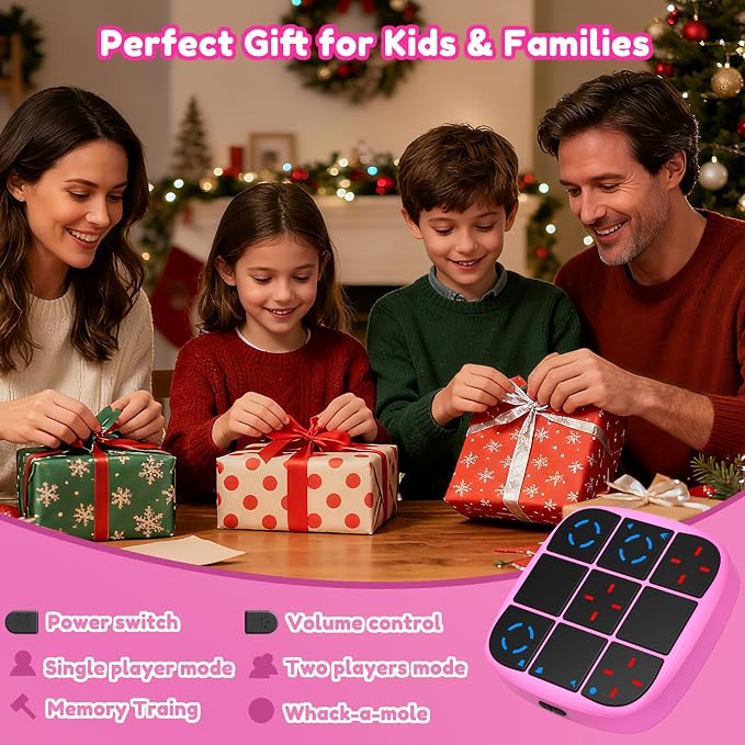 KOQQQ Rechargeable Tic-Tac-Toe Bolt Game, Upgraded 4-in-1 Handheld Puzzle Console, Electronic Educational Memory Game, Portable Travel Car Ride Board Games for Kids Adults (Pink)