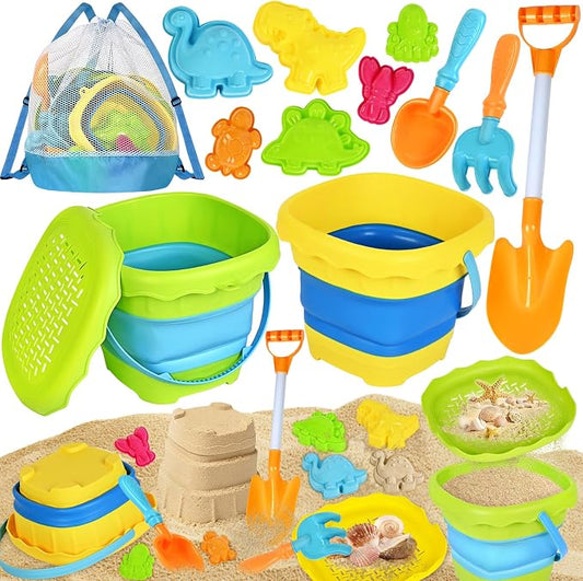 AuroTops Beach Toys for Kids,Collapsible Beach Buckets and Shovels Set with Mesh Bag,Sand Rake Toy,Cute Sand Molds for Kids and Toddlers Outdoor Toys,Summer Travel Beach Game Set