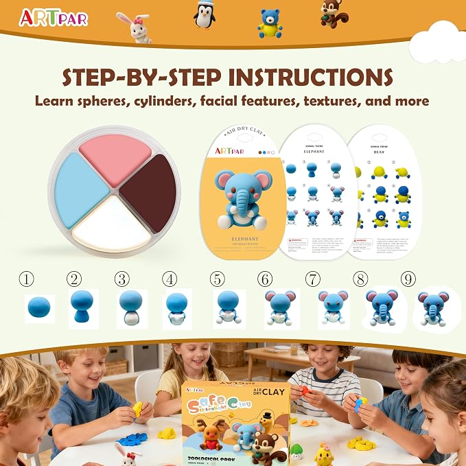 ARTPAR Air Dry Clay Kit for Kids-12 Animals Modeling Magic Clay,DIY Art Crafts Molding Clay Set,Ultra Light & Soft, Safe & Non-Stick with Sculpting Tools & Tutorials, Unique Gifts for Boys & Girls
