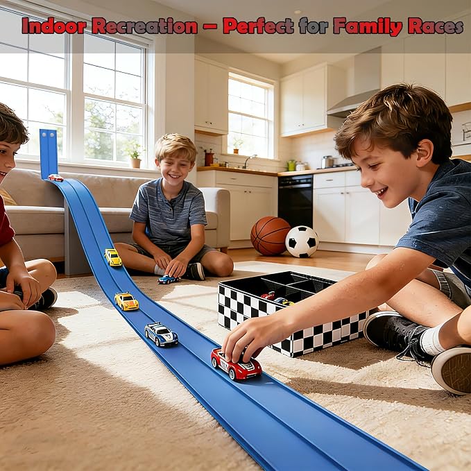 Flexible Race Track 15 Ft Starter Set, Flex Tracks for Kids 3+ with Strong Suction Cups, Flexible Car Race Ramp Track Compatible with Hot Wheels and Diecast 1/64 Cars, Portable Rolls Up Race Tracks