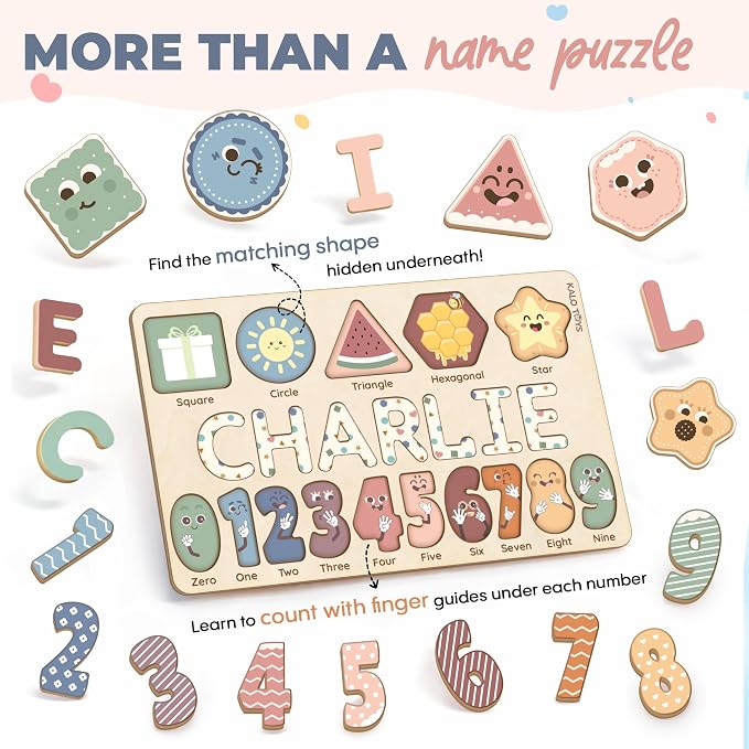 Montessori Wooden Shape & Number Puzzle for Toddlers 1-3 – Learning Board with Shapes, Alphabet Letters & Numbers 0-9 – CPC Certified Educational Toy, Preschool Fine Motor Skills Gift