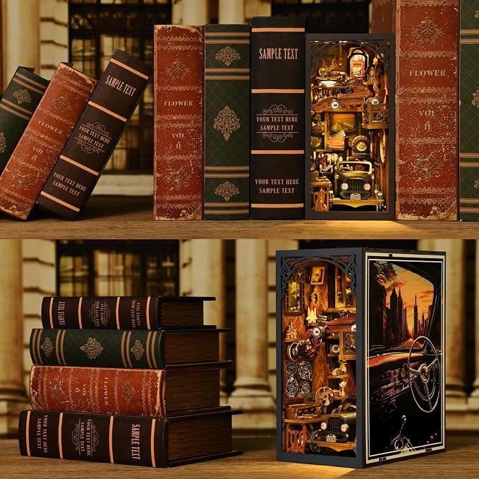 TOYQI Book Nook Kit, Book Nook Kits for Adults | DIY Miniature Dollhouse Kit 3D Wooden Puzzle Booknook Bookend with LED Light