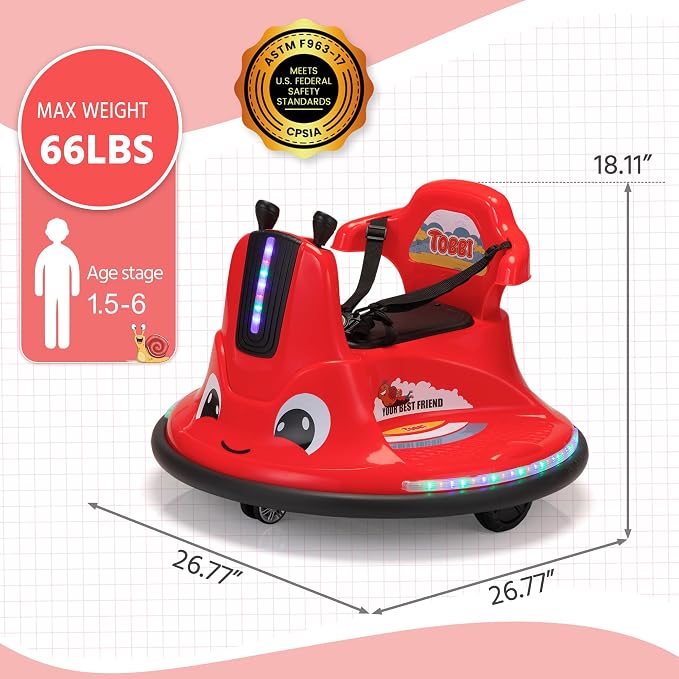 TOBBI Kids Electric Ride On Snail Shape Toy, 12V Battery Powered Toddler Bumper Car with Parent Remote Control/Funny Stickers/360 Degree Spin for Children of Aged 1-6-Red