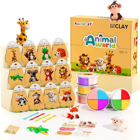 Aestd-ST Air Dry Clay Kit - Animal Theme, Modeling Clay for Kids, DIY Magic Clay with Sculpting Tools and Tutorials, 12 Boxes Molding Clay, Soft & Non-Sticky, Arts and Crafts Gift for Kids