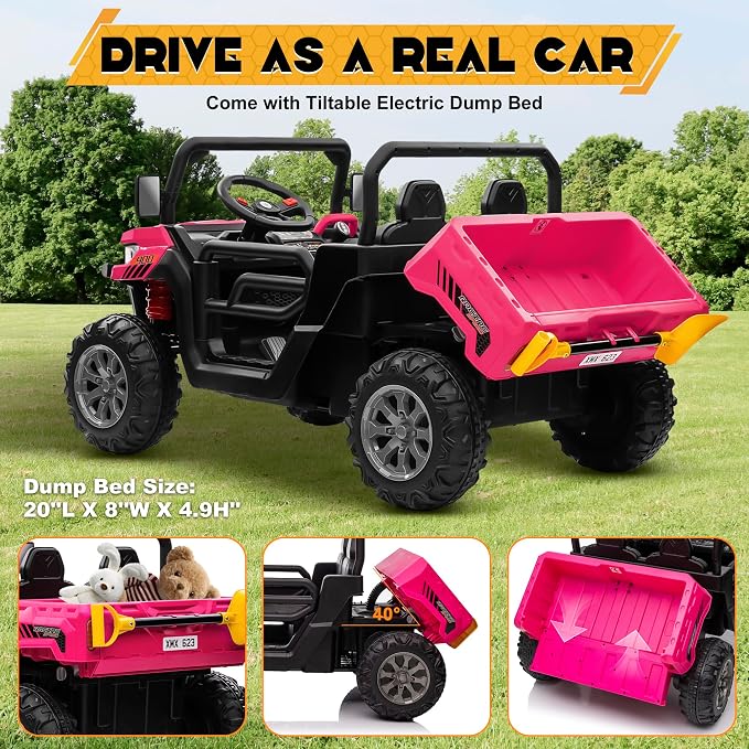 24V 4WD Ride on Car Dump Truck w/4X200W Motor, 2 Seaters, Gift Flower, 2.4G Remote Control, Bluetooth Music, LED Light, 24 Volt Ride on Toy Cars for Big Kids, Pink