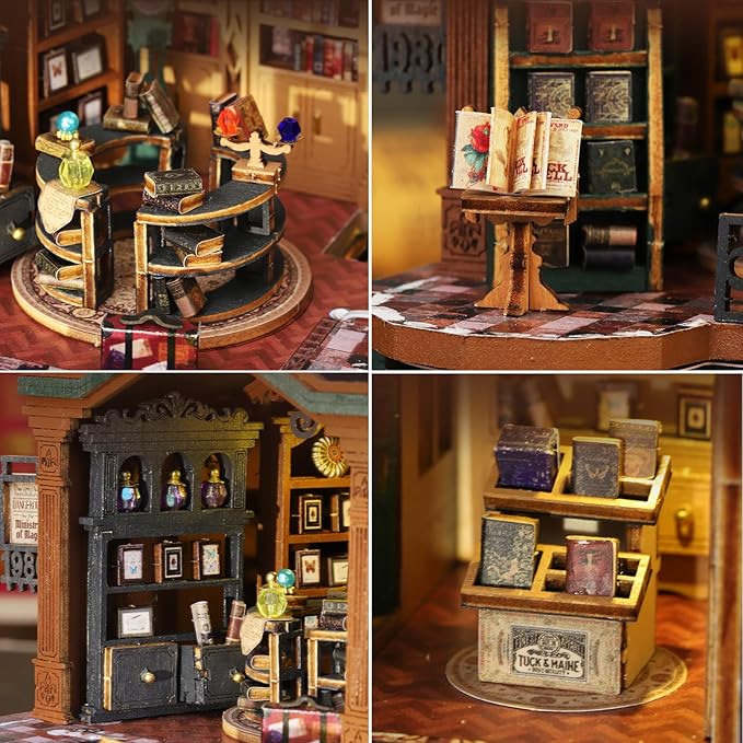 Plustopoy DIY Miniature House Kit for Adults, Mini Wooden Dollhouse Kit, Book Shop Tiny House Diorama Building Kits with Light, 3D Wooden Puzzles Bookend Shelf Insert Decor, Creative Craft