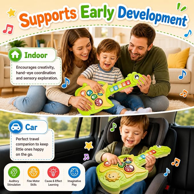 Toys for 1-3Year Old Boy Gift,2-in-1 Electric Guitars,12-18 Month with Animal Sound and Light Dinosaur Musical Guitar Piano Toys,Learning Educational Gift for Toddlers