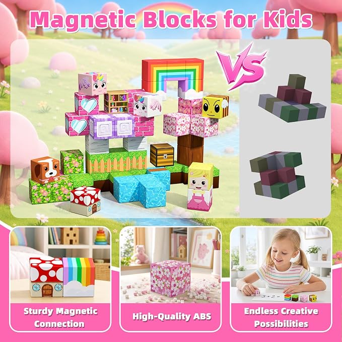 Magnetic Blocks, 48PCS Magnetic Building Cube Set for Kids Ages 3+, Constructions STEM Stacking Tiles Toy Building Birthday Gifts for Girls