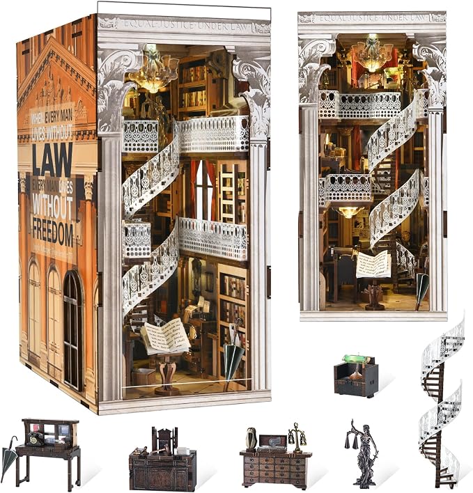 CCCDF Book Nook Kit Library, DIY Miniature House Kit, 3D Wooden Puzzle Dollhouse Kit for Adults and Teens, Bookshelf Booknook with LED Light (Law Library)