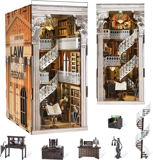 CCCDF DIY Book Nook Kit for Adults and Teens, Miniature Dollhouse Booknook Kit, 3D Wooden Puzzle Booknook Bookshelf Bookcase Model Build Kit Decor Alley with LED Light (Law Library)