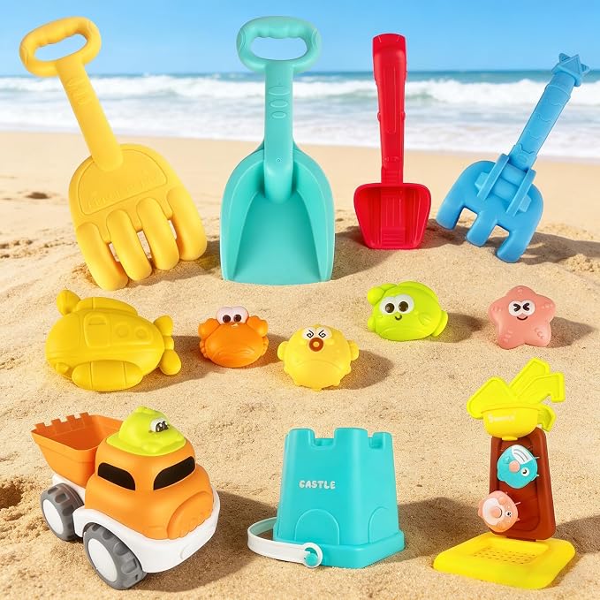 IOKUKI Sand Toys with Mesh Bag Including Dump Truck, Sand Water Wheel, Beach Buckets, Shovels, Rakes, Molds, Outdoor Beach Toys Tool Kit for Kids, Toddlers, Boys and Girls (13 PCS) Age 3+