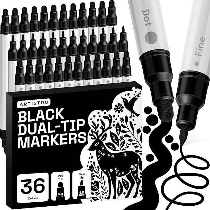 ARTISTRO 36 Black Dual-Tip Acrylic Paint Markers – Paint Pens Set with Dot & Fine Tips for Fabric, Rock, Glass, Wood, Coloring Books – Arts & Crafts Gift – Classroom Must Haves & School Supplies